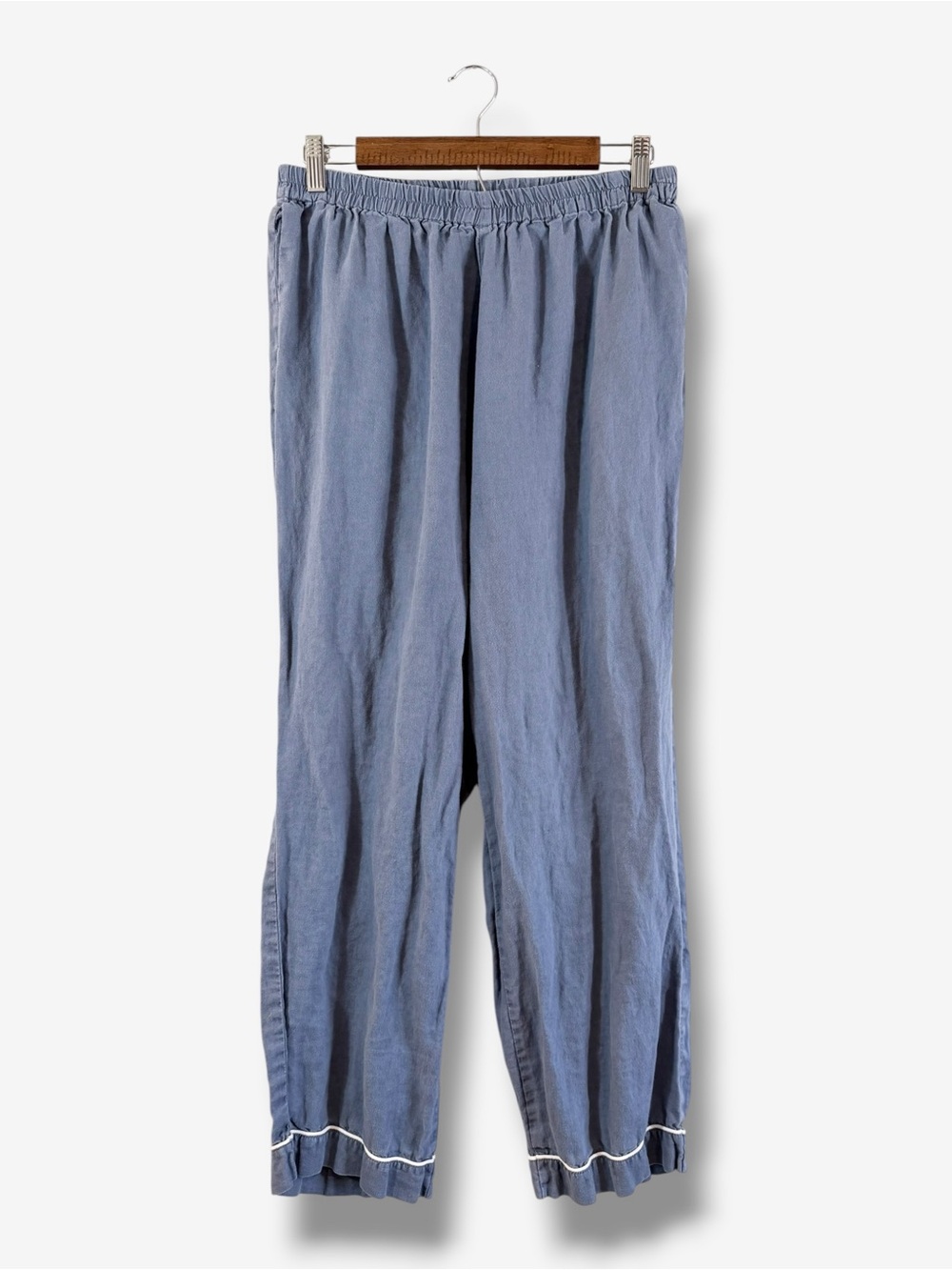 Piglet Blue Linen Pajama Pants Size L Pockets Elastic Waist White Trim Lagenlook